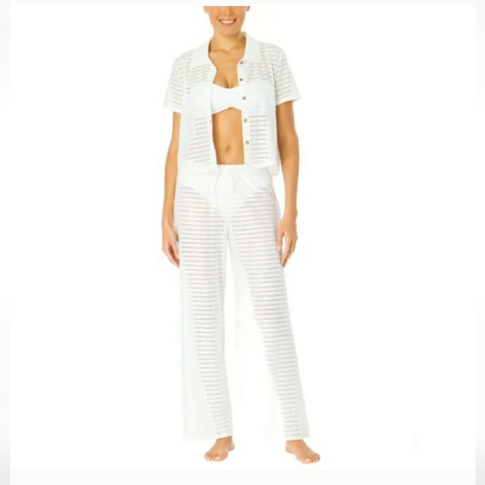 Hurley Women's M Wide Leg Mesh Swim Cover Up Pant + Button Up Top Set White Y2K